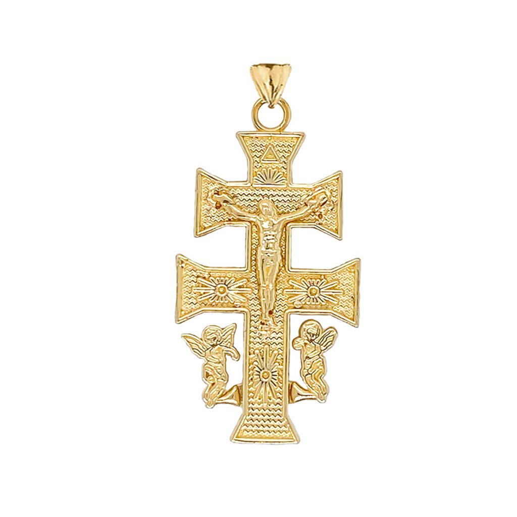 10k Solid Gold Caravaca Double Cross With Angels Crucifix Pendant 192$